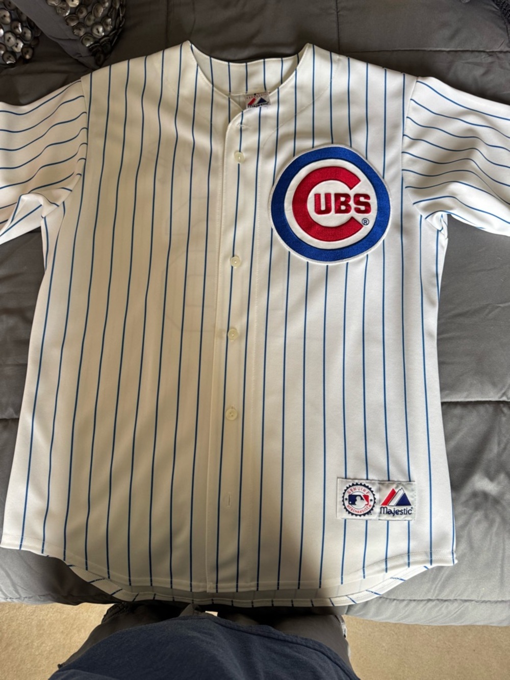 Majestic Chicago Cubs White/Blue Pinstripe Mens Medium Baseball Jersey